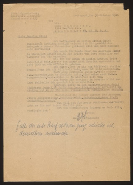 Typed letter to Mina Kaufmann requesting affidavit