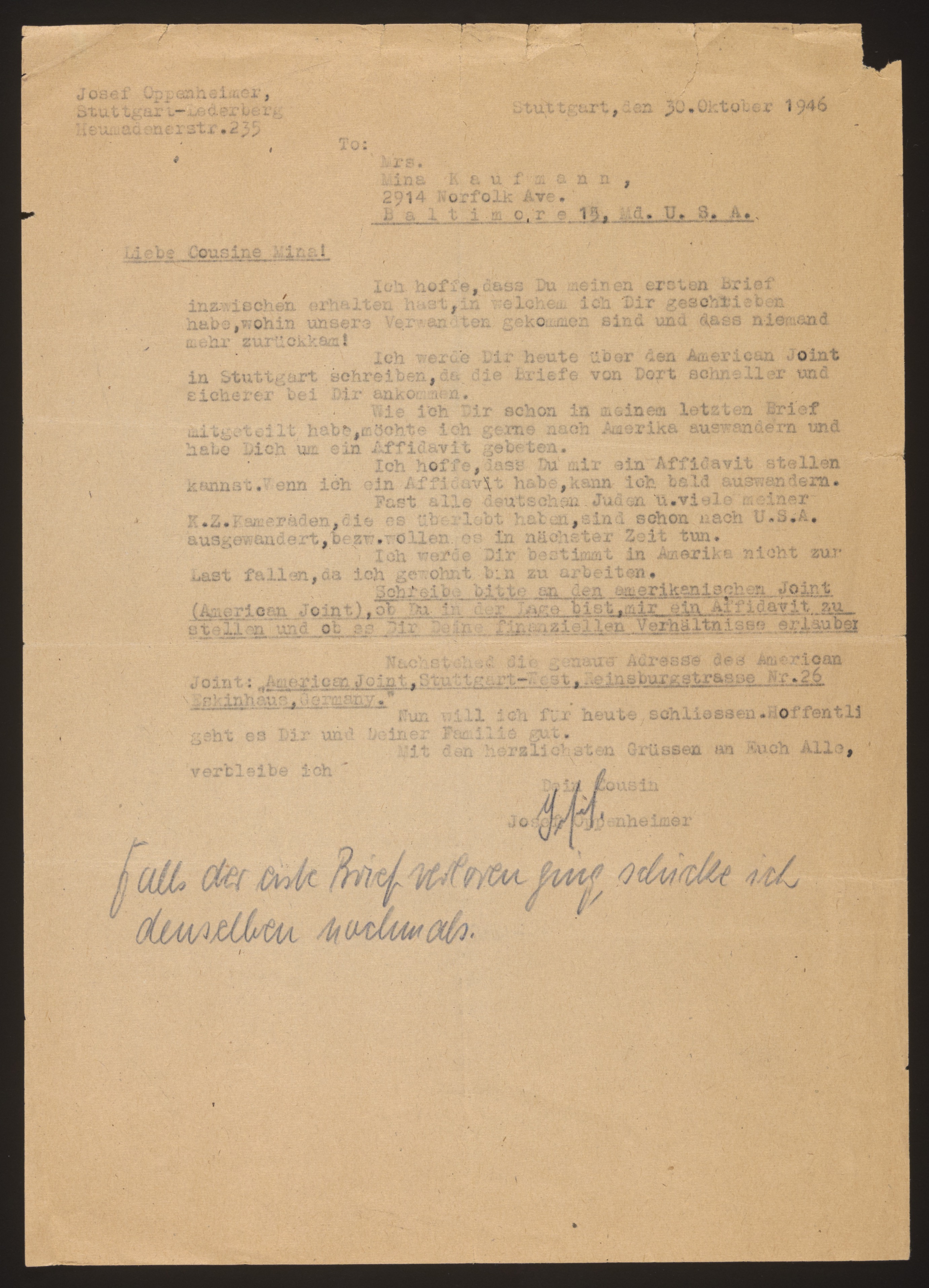 Typed letter to Mina Kaufmann requesting affidavit — Document