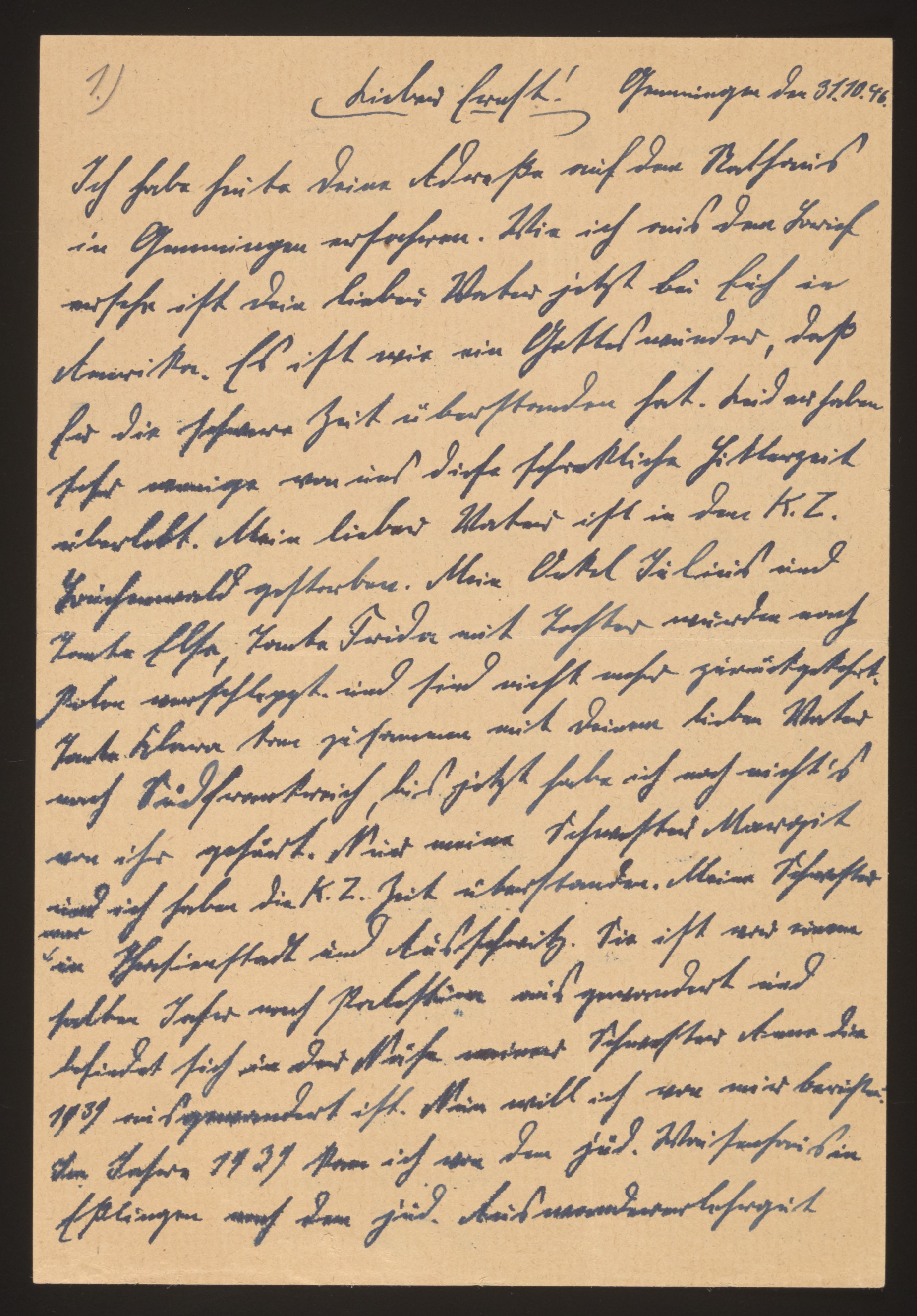 Handwritten letter to cousin — family fate — Page 1 of 3
