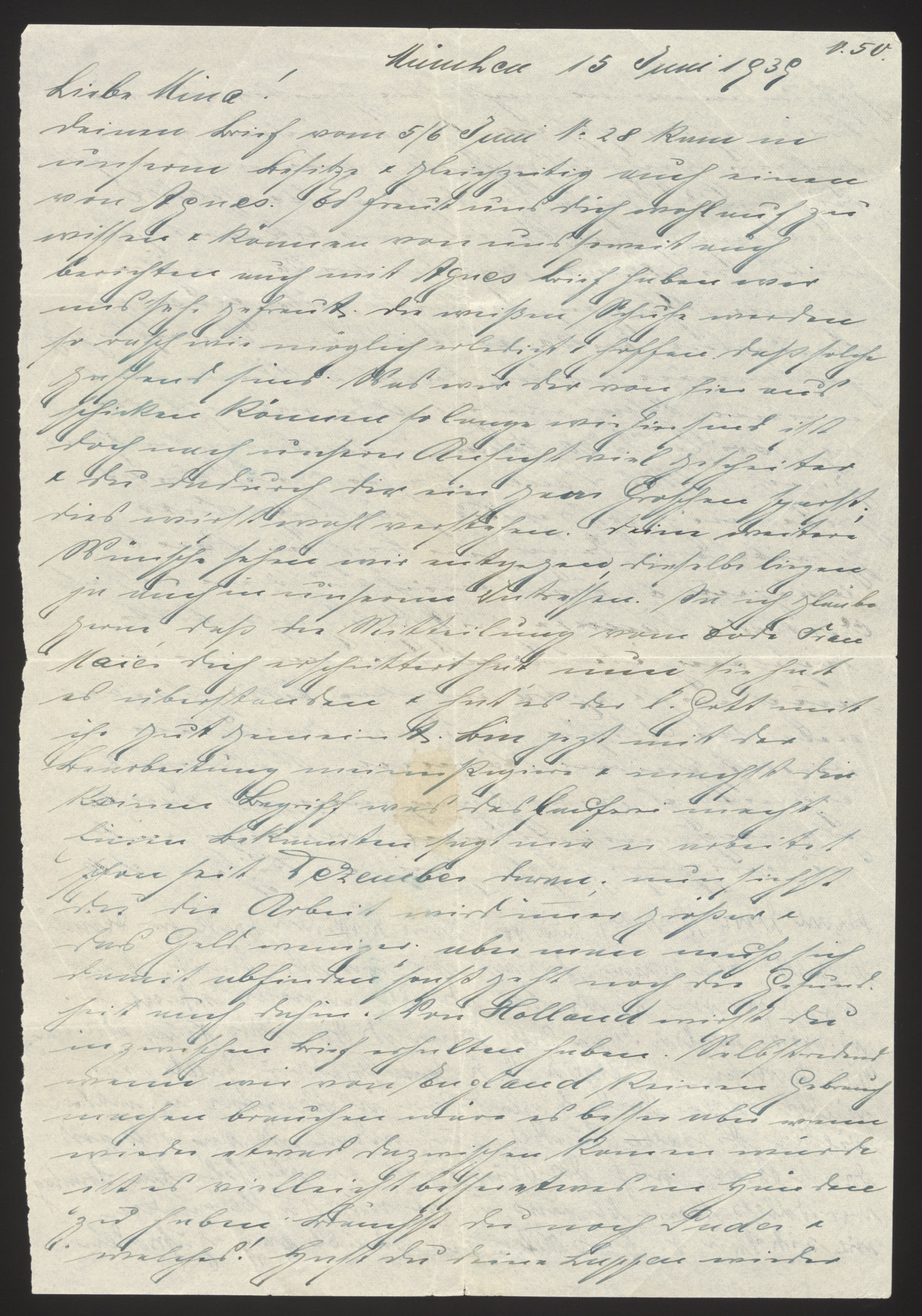 Handwritten letter (page 1), in German Kurrent script — Page 1 of 2