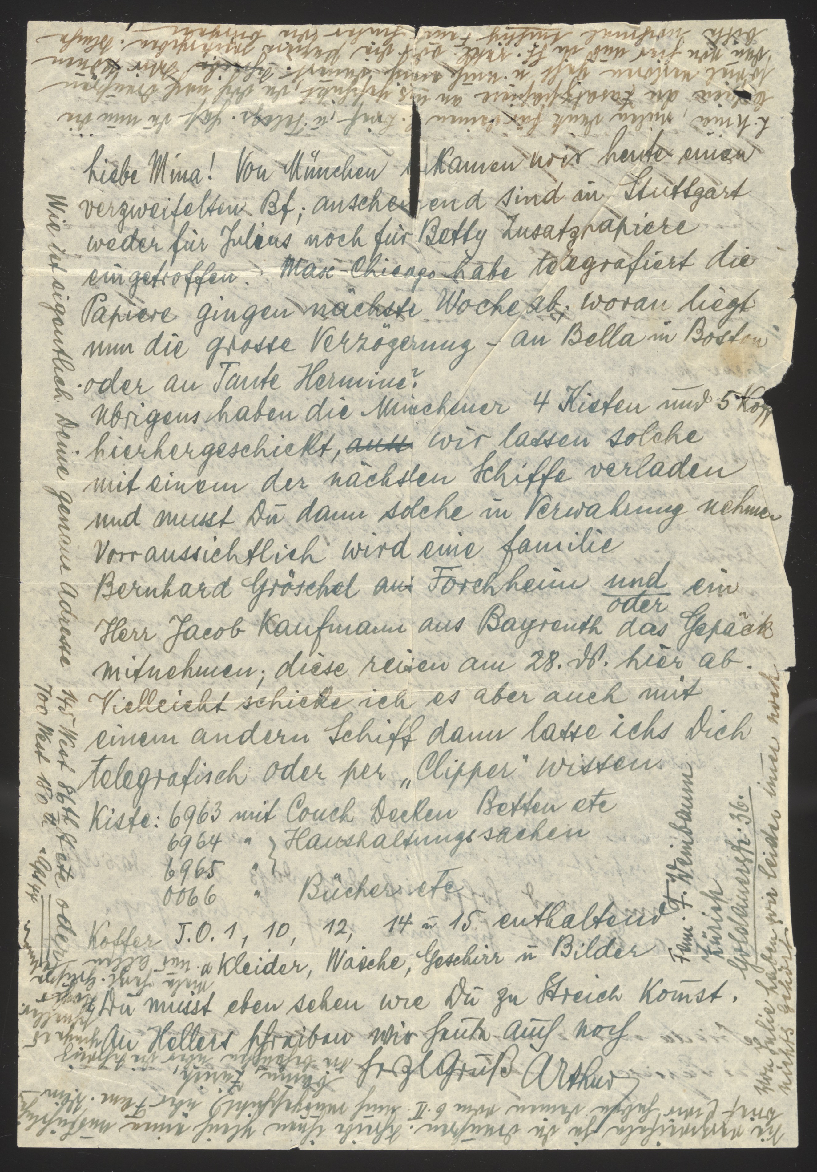 Handwritten letter discussing shipping of belongings, with inventory — Document