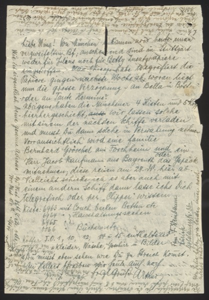 Handwritten letter discussing shipping of belongings, with inventory