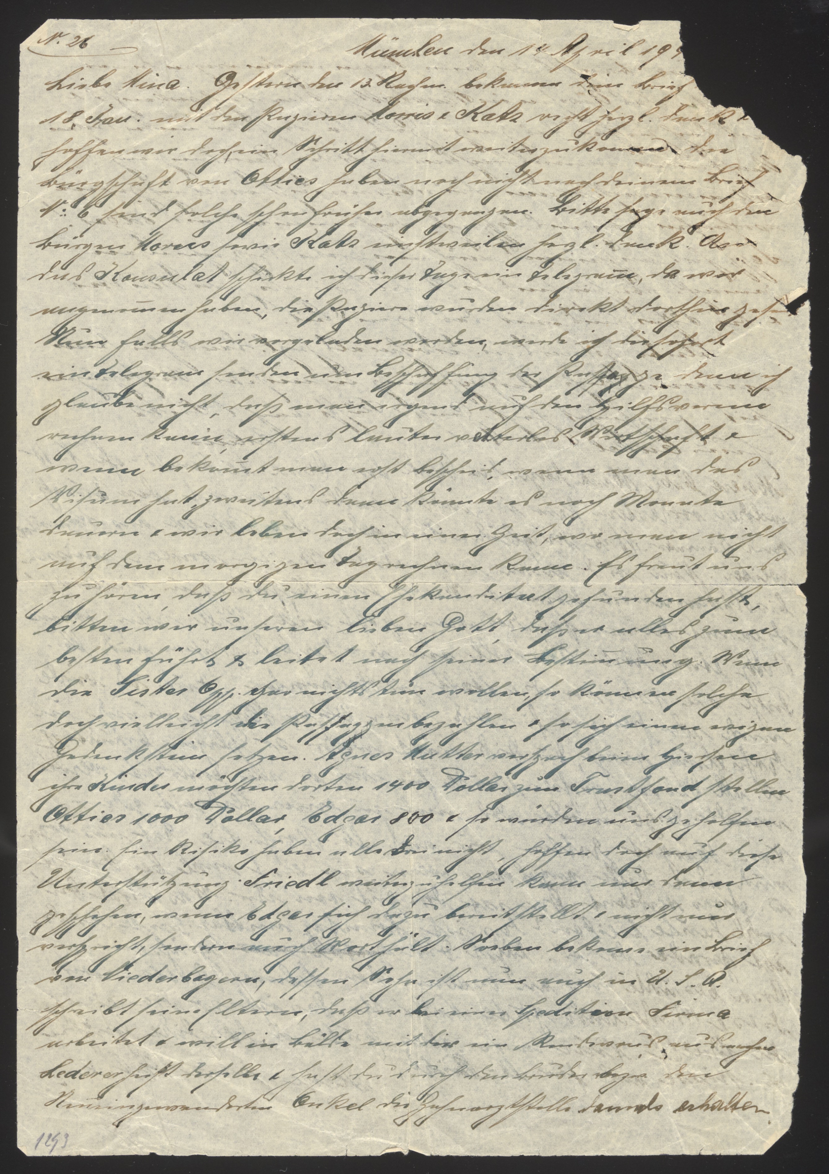 Handwritten letter (page 1) in German Kurrent script — Page 1 of 2