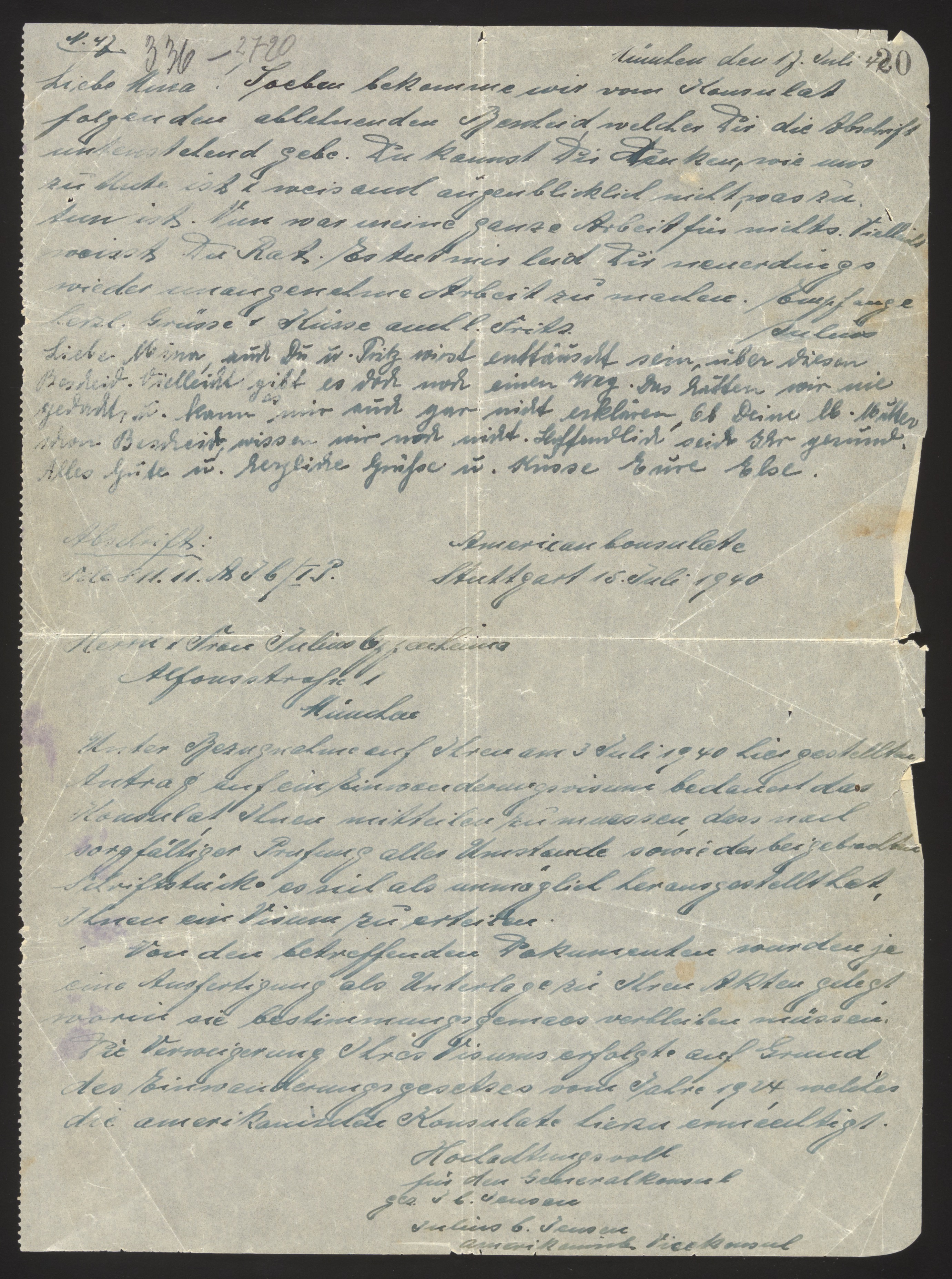 Handwritten letter with typed American Consulate document — Document