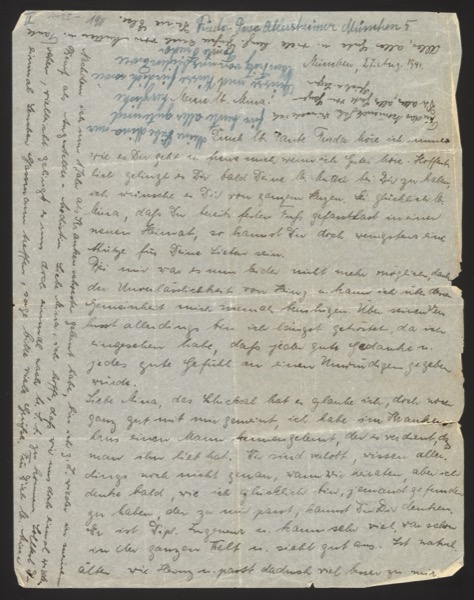 Handwritten letter in German Kurrent script, written upside-down on page (rot...