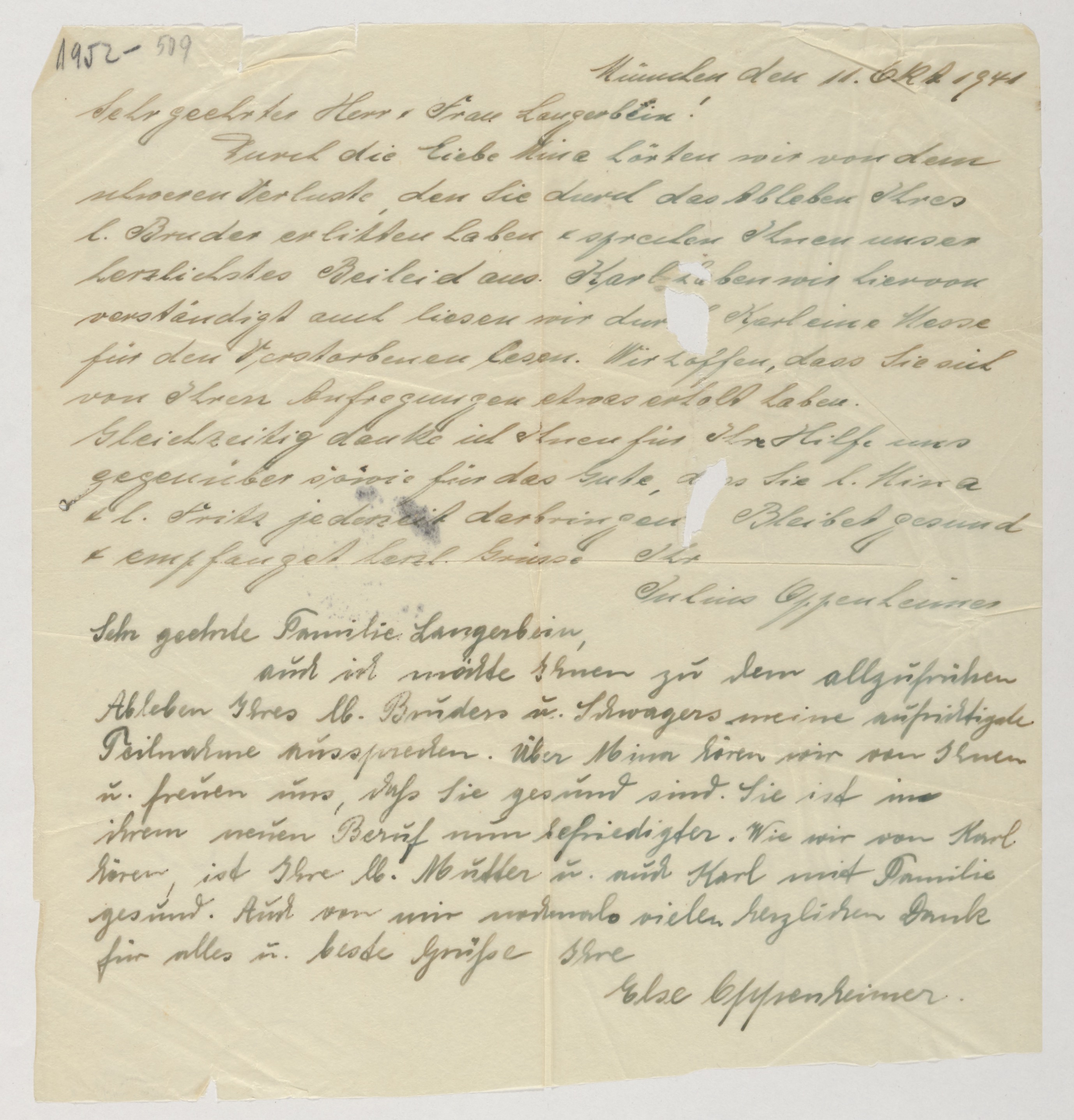 Handwritten letter — two separate notes: a condolence letter and a personal note — Document