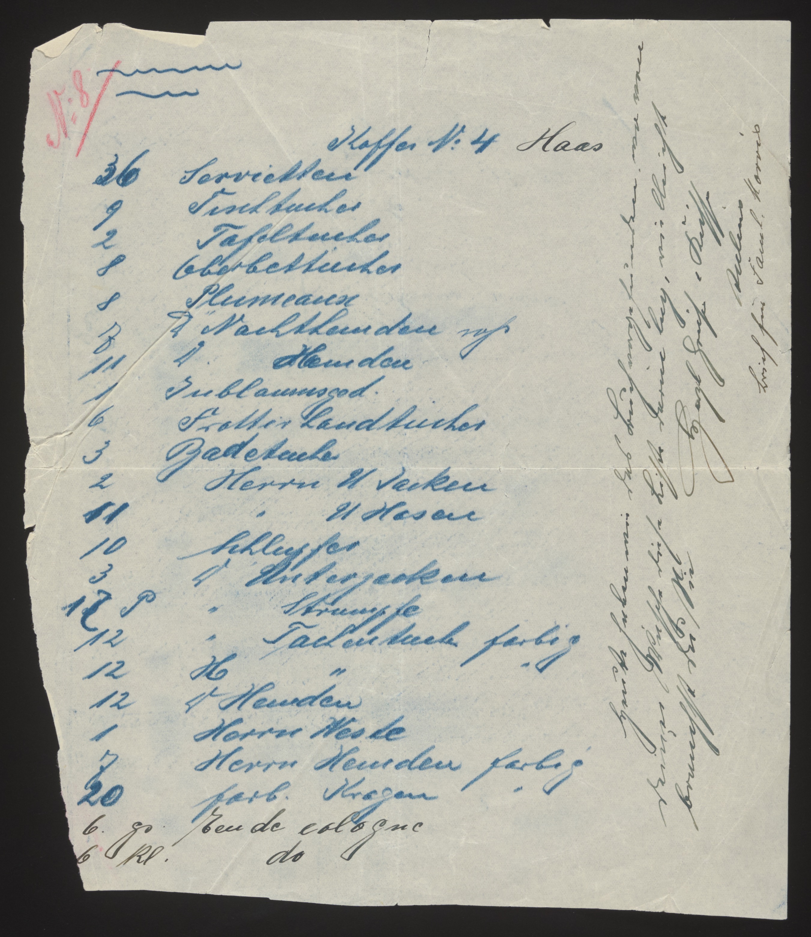Handwritten inventory/packing list in blue ink — Document