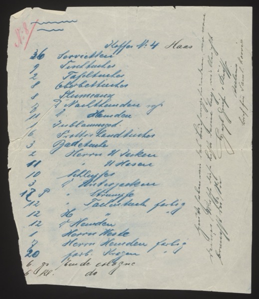 Handwritten inventory/packing list in blue ink