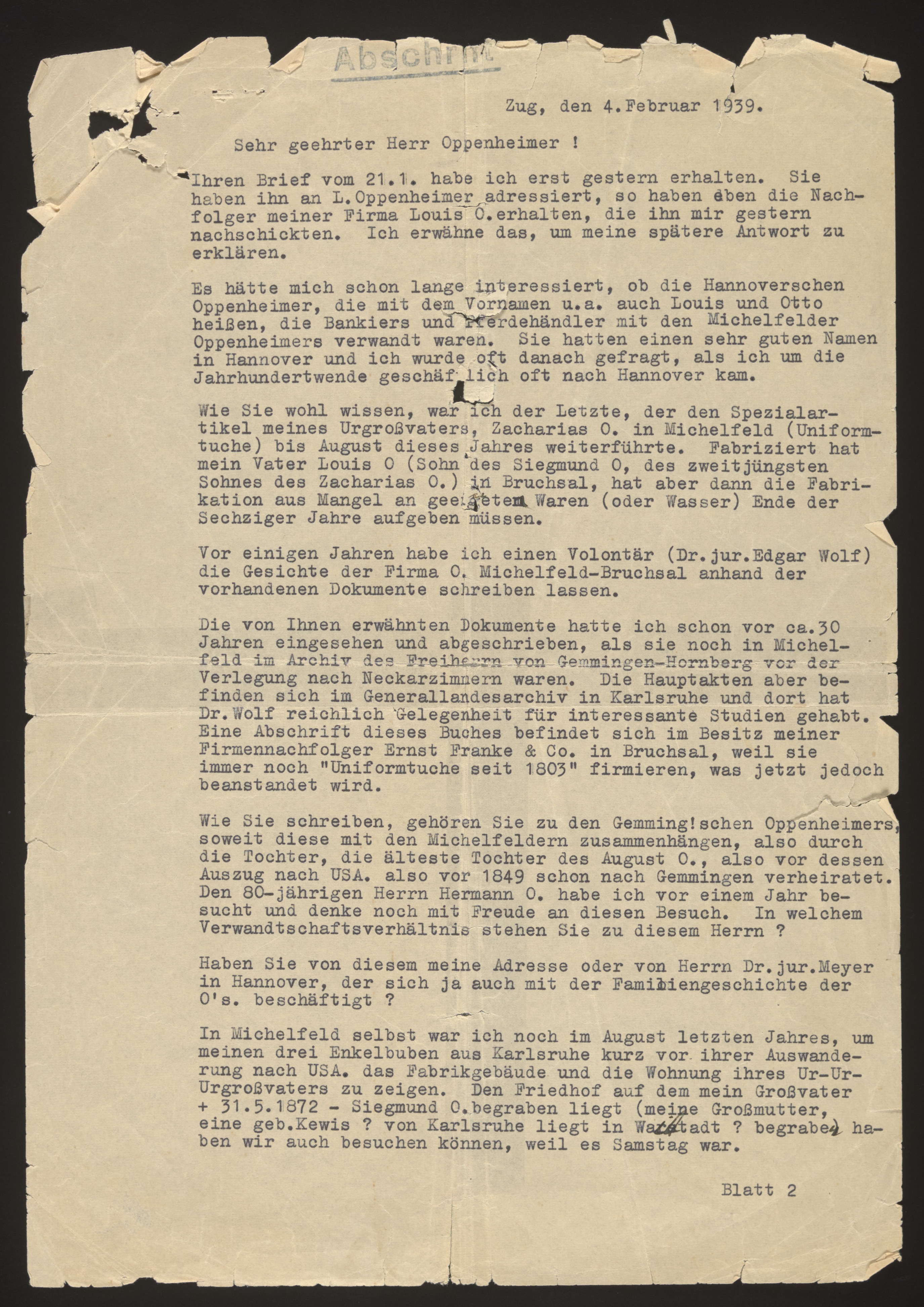 Typed letter (page 1 of 2), marked "Abschrift" (copy) — Page 1 of 2