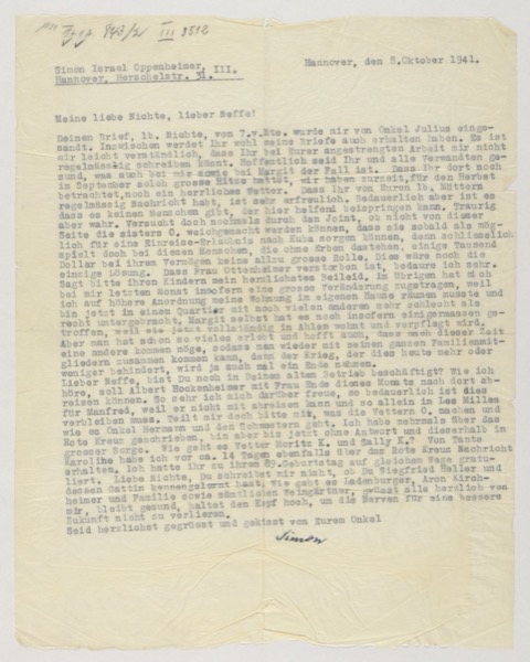 Typed letter (page 1 of 2) from Simon Israel Oppenheimer III to his niece Min...