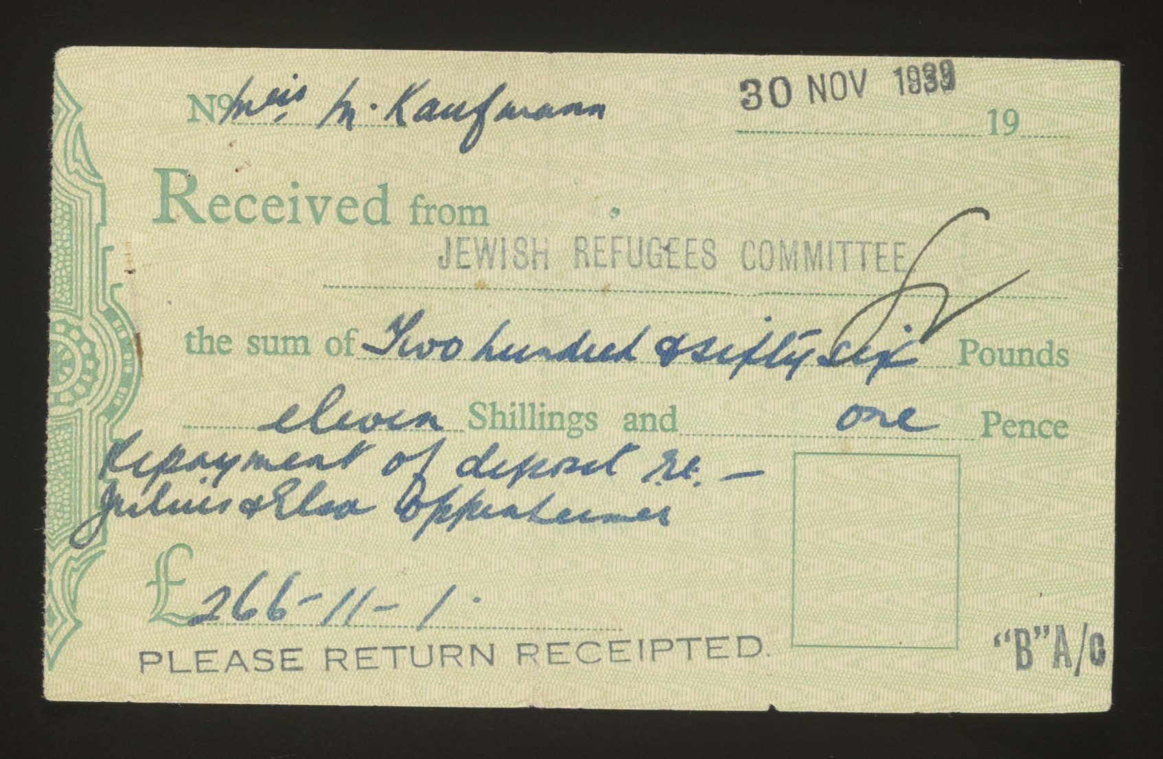 Receipt from the Jewish Refugees Committee for repayment of deposit — Document