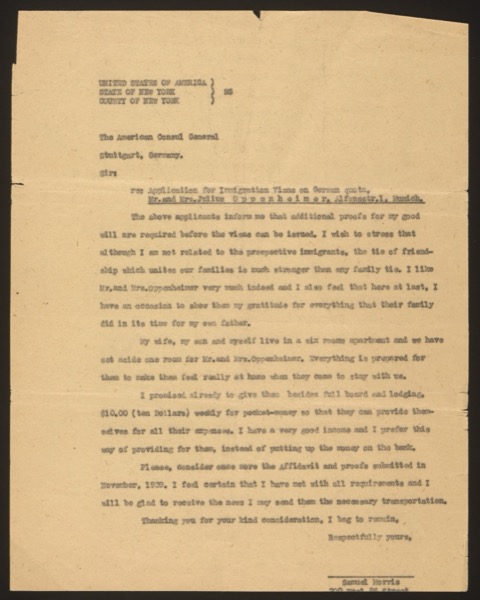 Typed letter / affidavit of support from Samuel Morris to the American Consul...
