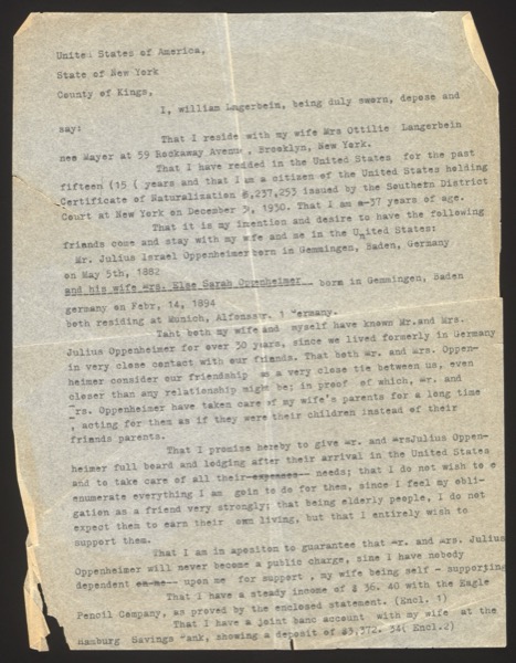 Typed affidavit of support from William Langerbein to the American Consul Gen...