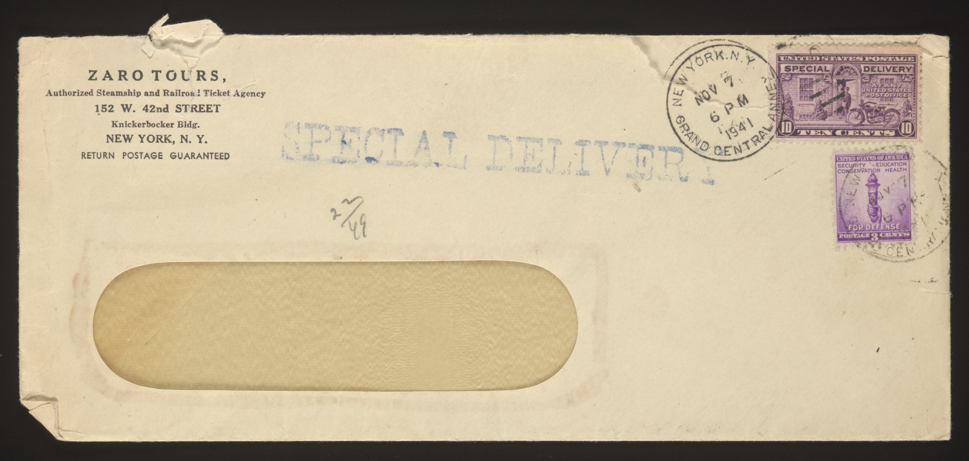 Special Delivery envelope from Zaro Tours, New York, to Mina Kaufmann in Balt... — Front