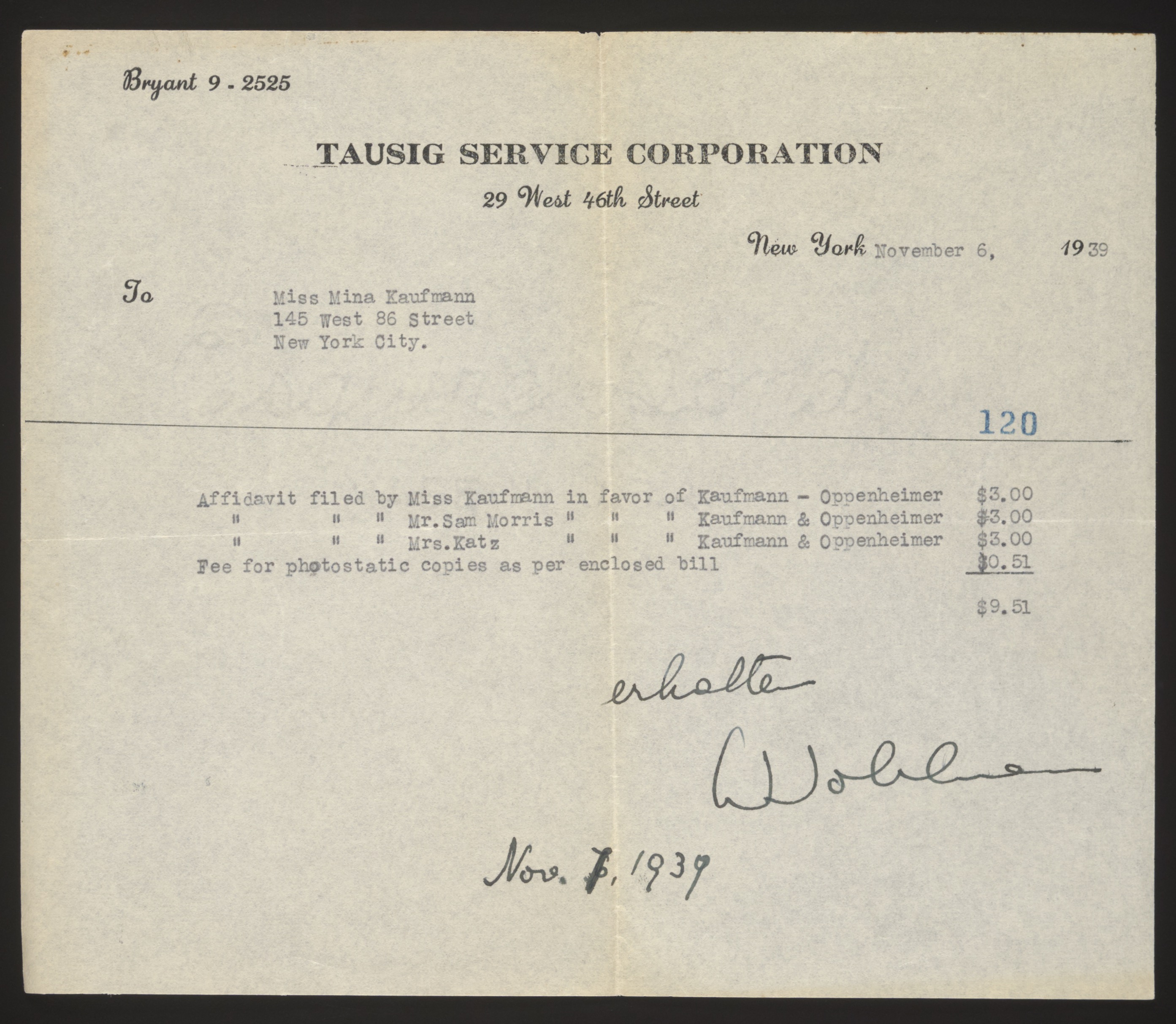 Invoice from Tausig Service Corporation for affidavit filing fees — Document