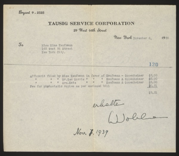 Invoice from Tausig Service Corporation for affidavit filing fees