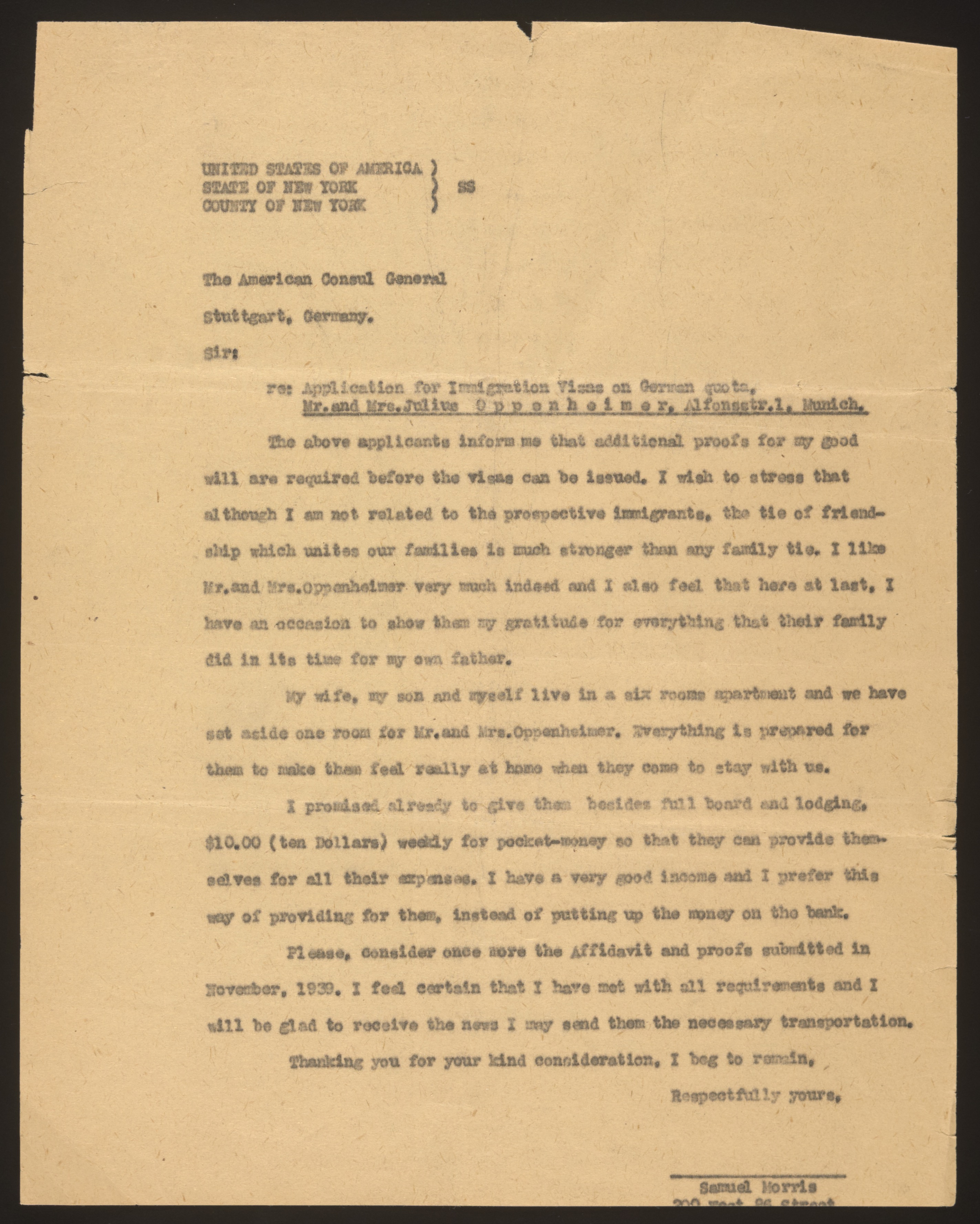 Typed letter / affidavit of support from Samuel Morris to the American Consul... — Page 1