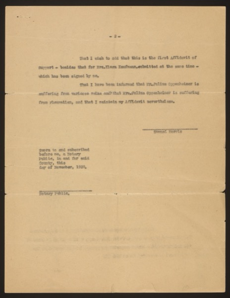 Typed affidavit of support from Samuel Morris (page 2 of 2), with notary jurat