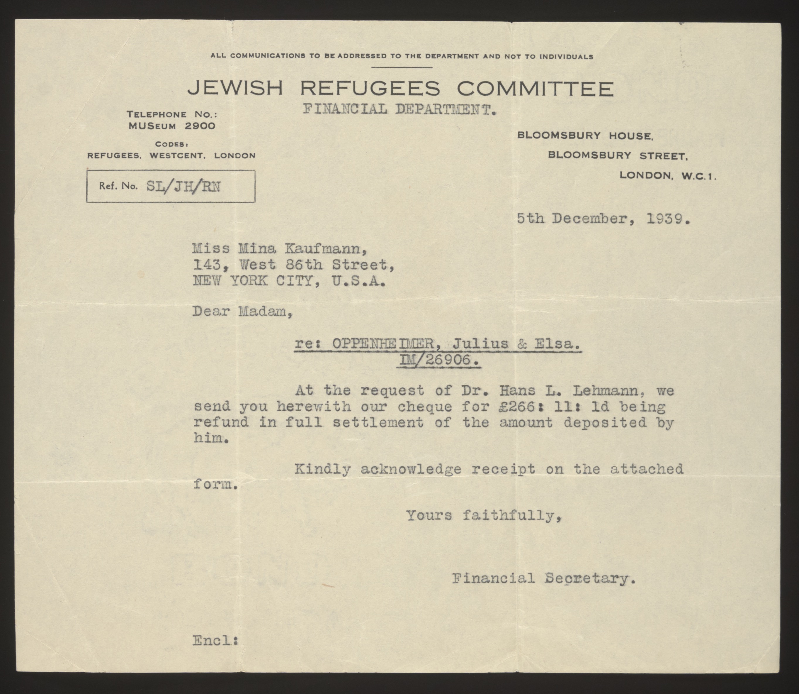 Typed letter from the Jewish Refugees Committee (Financial Department) to Min... — Front