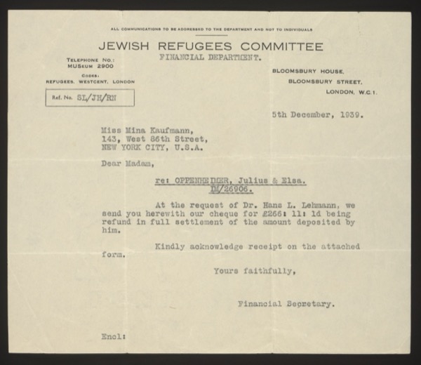 Typed letter from the Jewish Refugees Committee (Financial Department) to Min...