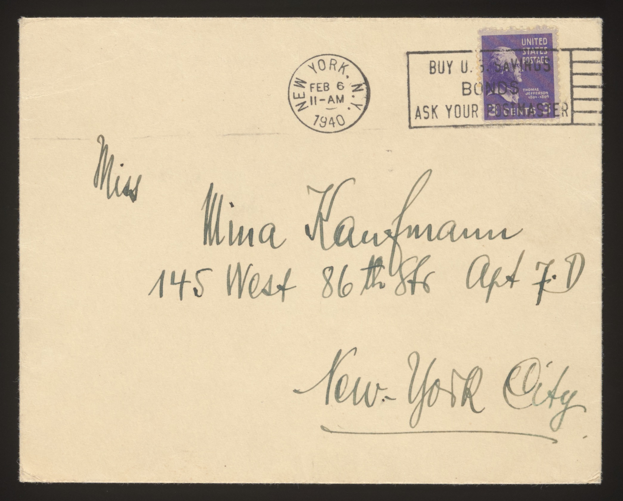 Envelope front addressed to Mina Kaufmann, posted from New York — Front