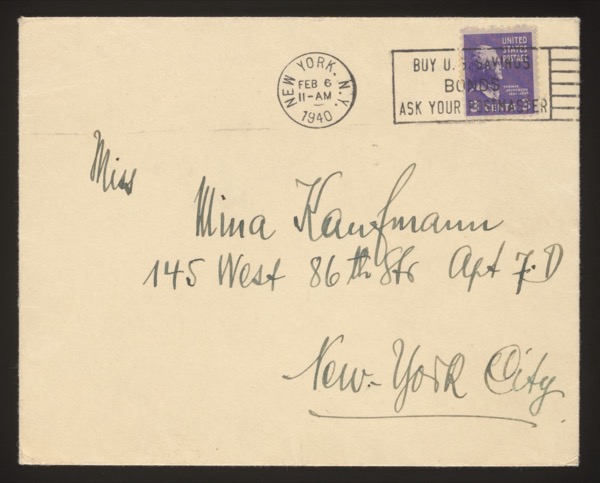 Envelope front addressed to Mina Kaufmann, posted from New York