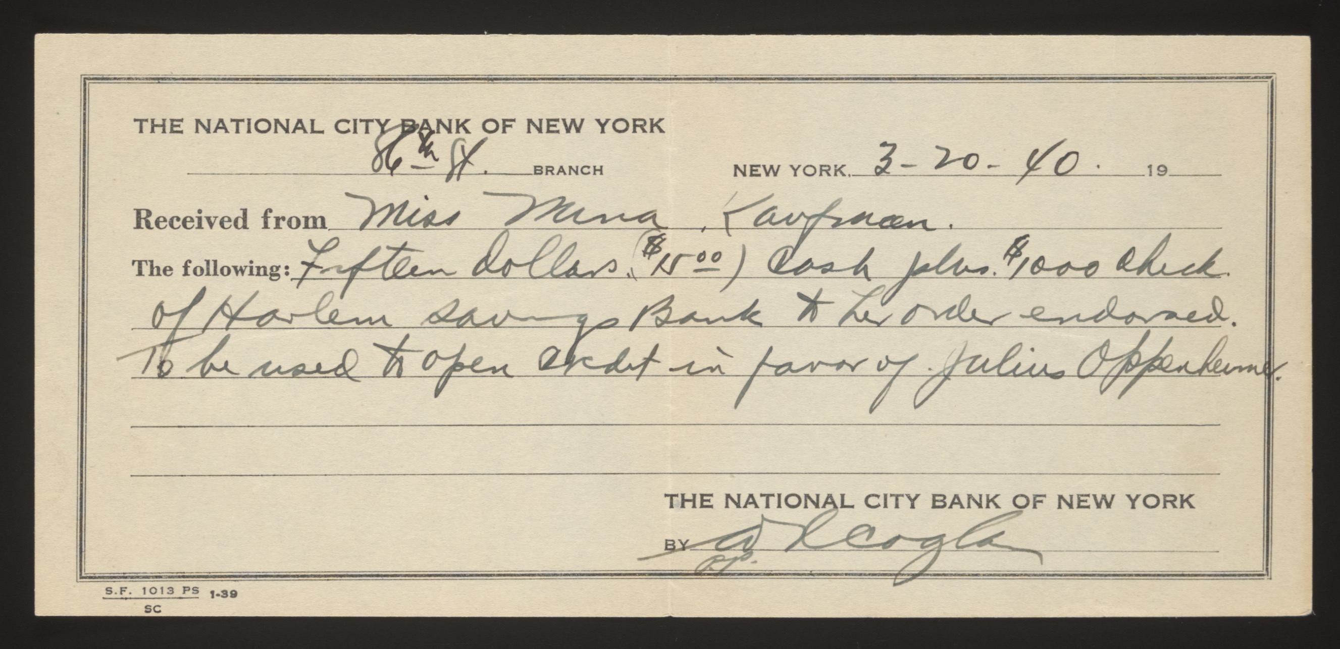 Bank deposit receipt from The National City Bank of New York — Document