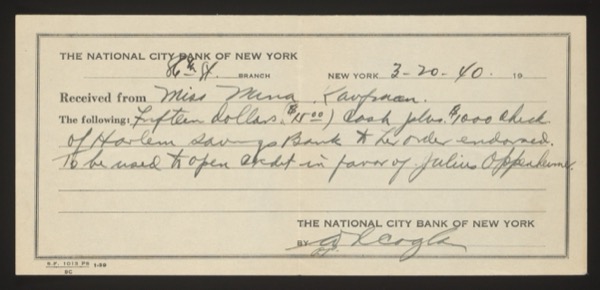 Bank deposit receipt from The National City Bank of New York