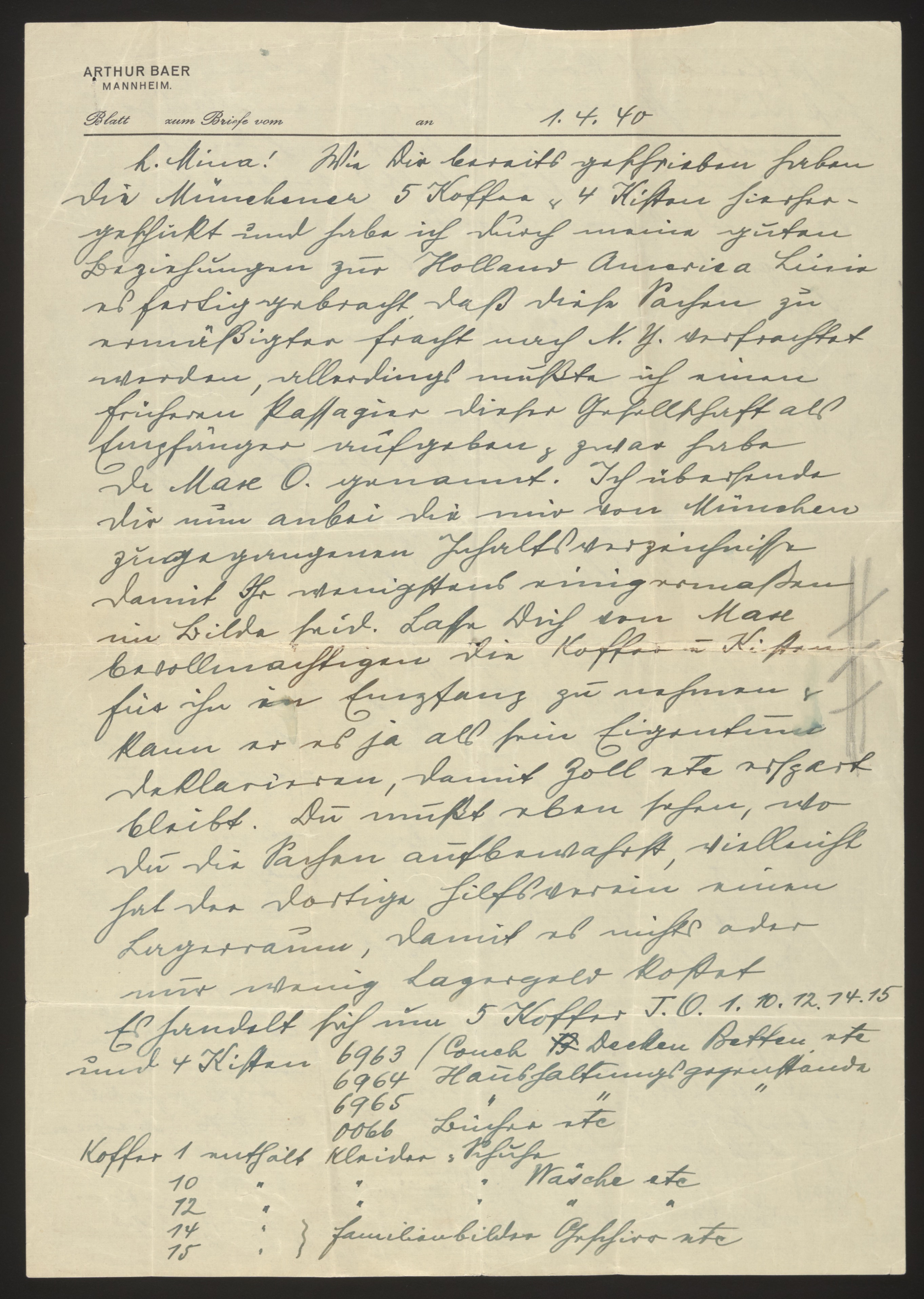 Handwritten letter from Arthur Baer to Mina Kaufmann (page 1 of 2), on "Arthu... — Page 1 of 2
