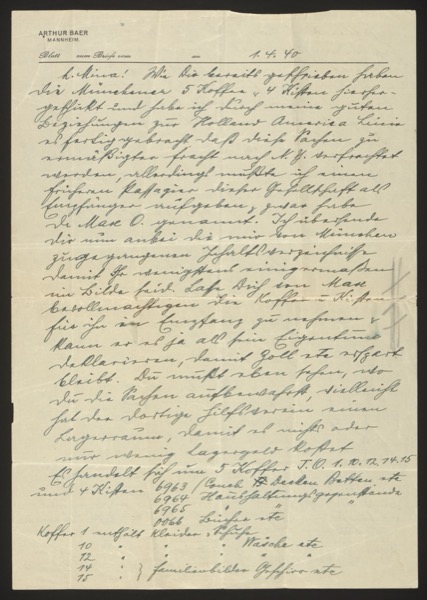 Handwritten letter from Arthur Baer to Mina Kaufmann (page 1 of 2), on "Arthu...