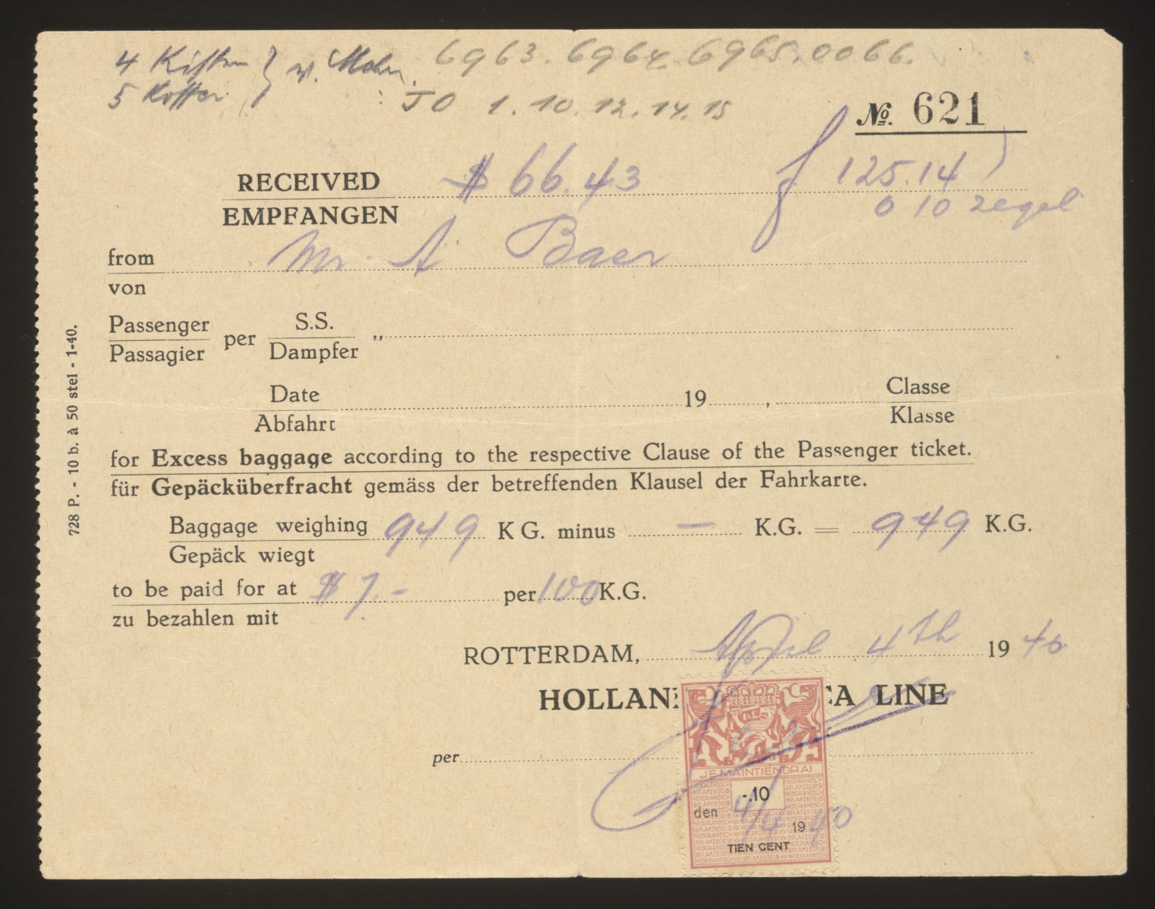 Holland America Line excess baggage receipt (No. 621), bilingual (English/Ger... — Document
