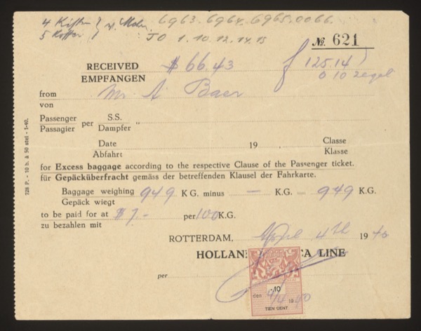 Holland America Line excess baggage receipt (No. 621), bilingual (English/Ger...