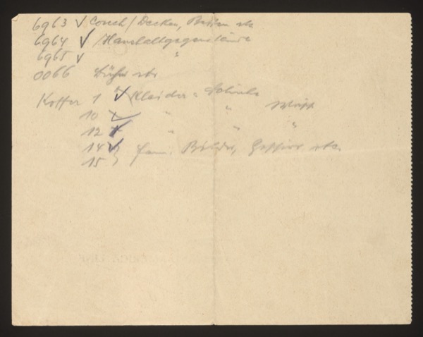 Handwritten inventory/checklist of shipped crates and suitcases