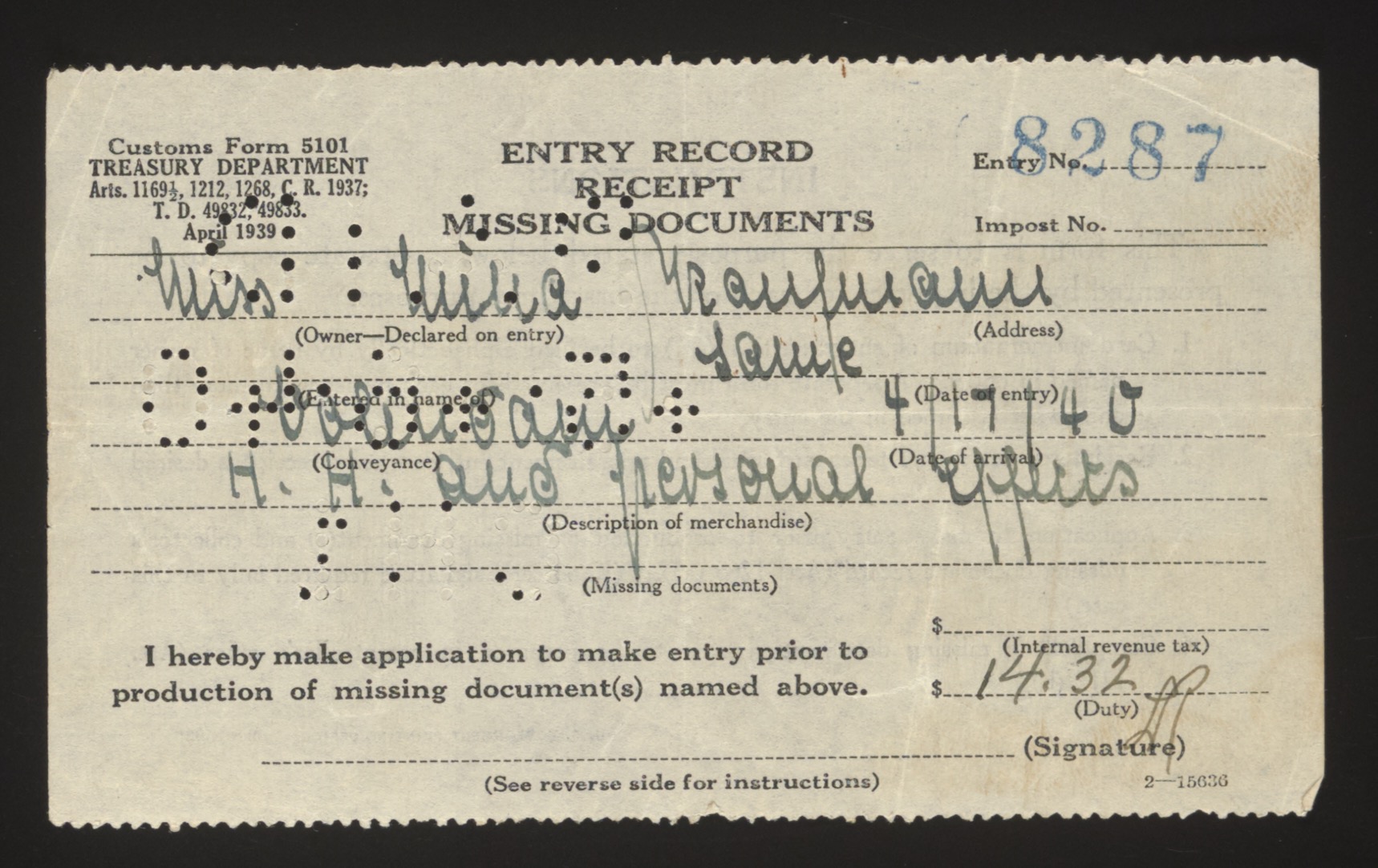 U.S. Customs Entry Record / Receipt / Missing Documents form (Customs Form 5101) — Front