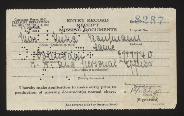 U.S. Customs Entry Record / Receipt / Missing Documents form (Customs Form 5101)