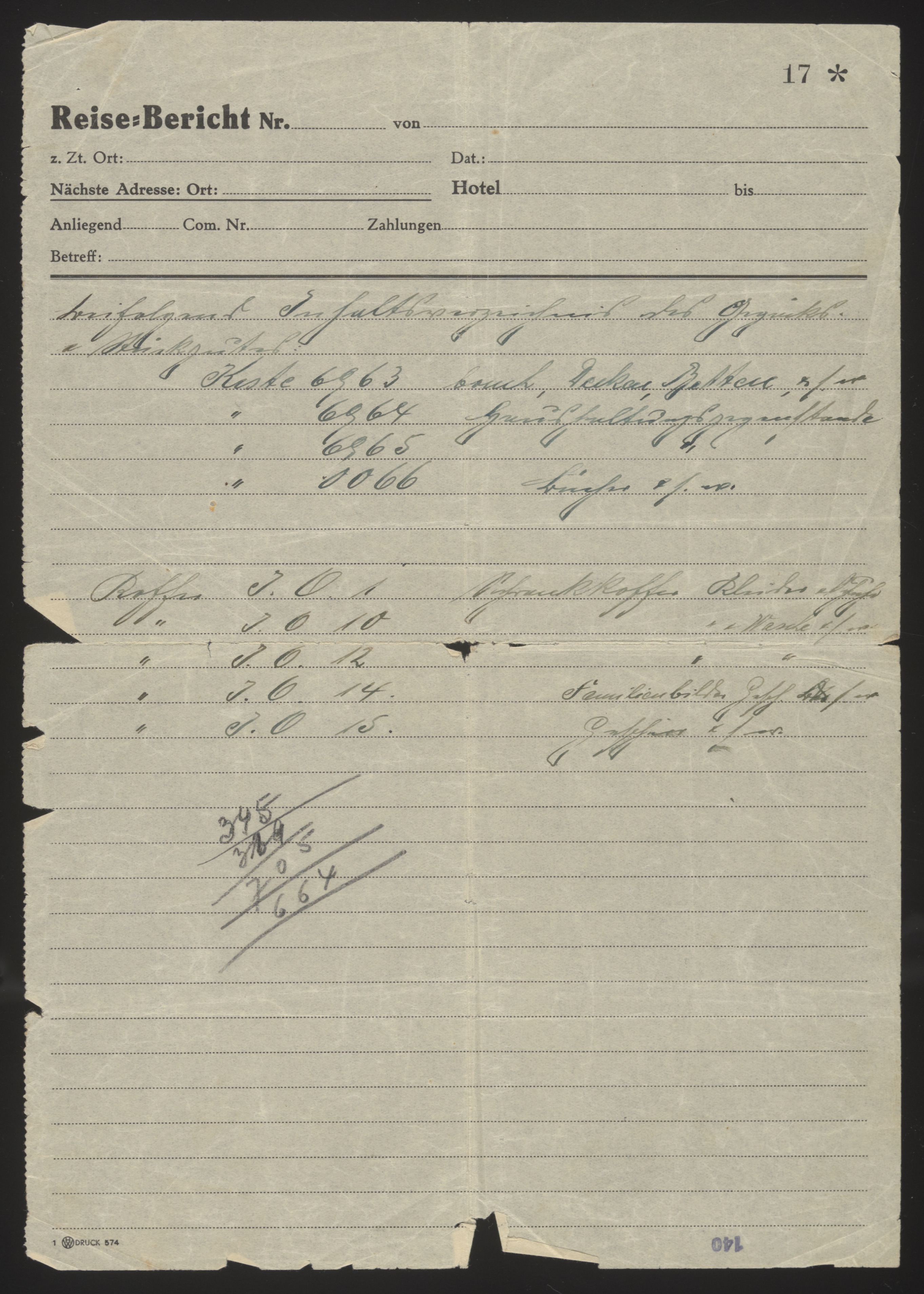 Handwritten inventory on a "Reise-Bericht" (Travel Report) form, page 17 — Document