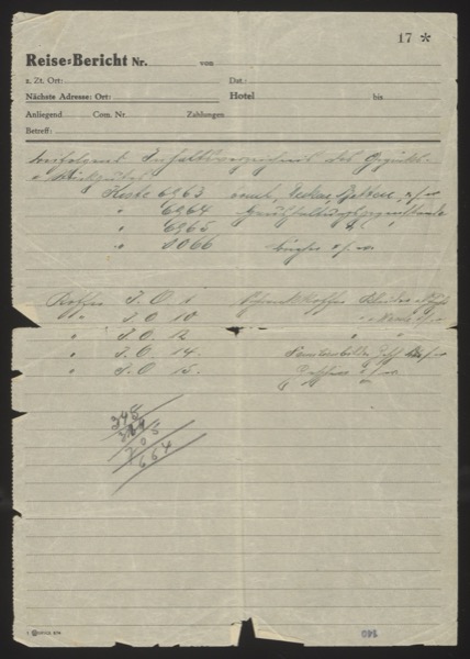 Handwritten inventory on a "Reise-Bericht" (Travel Report) form, page 17