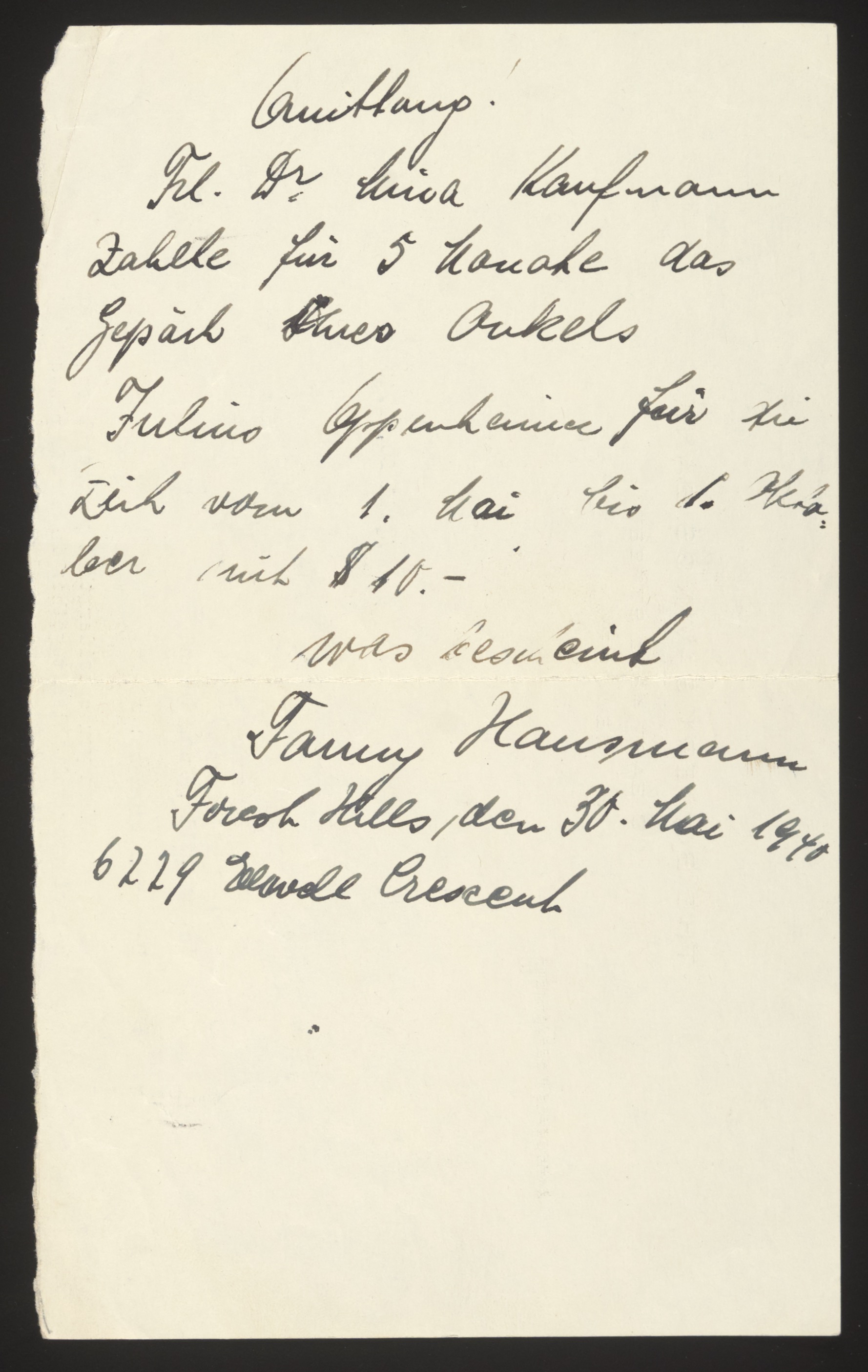 Handwritten receipt (Quittung) from Fanny Hausmann for luggage storage — Document