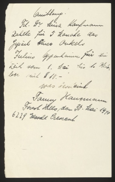 Handwritten receipt (Quittung) from Fanny Hausmann for luggage storage