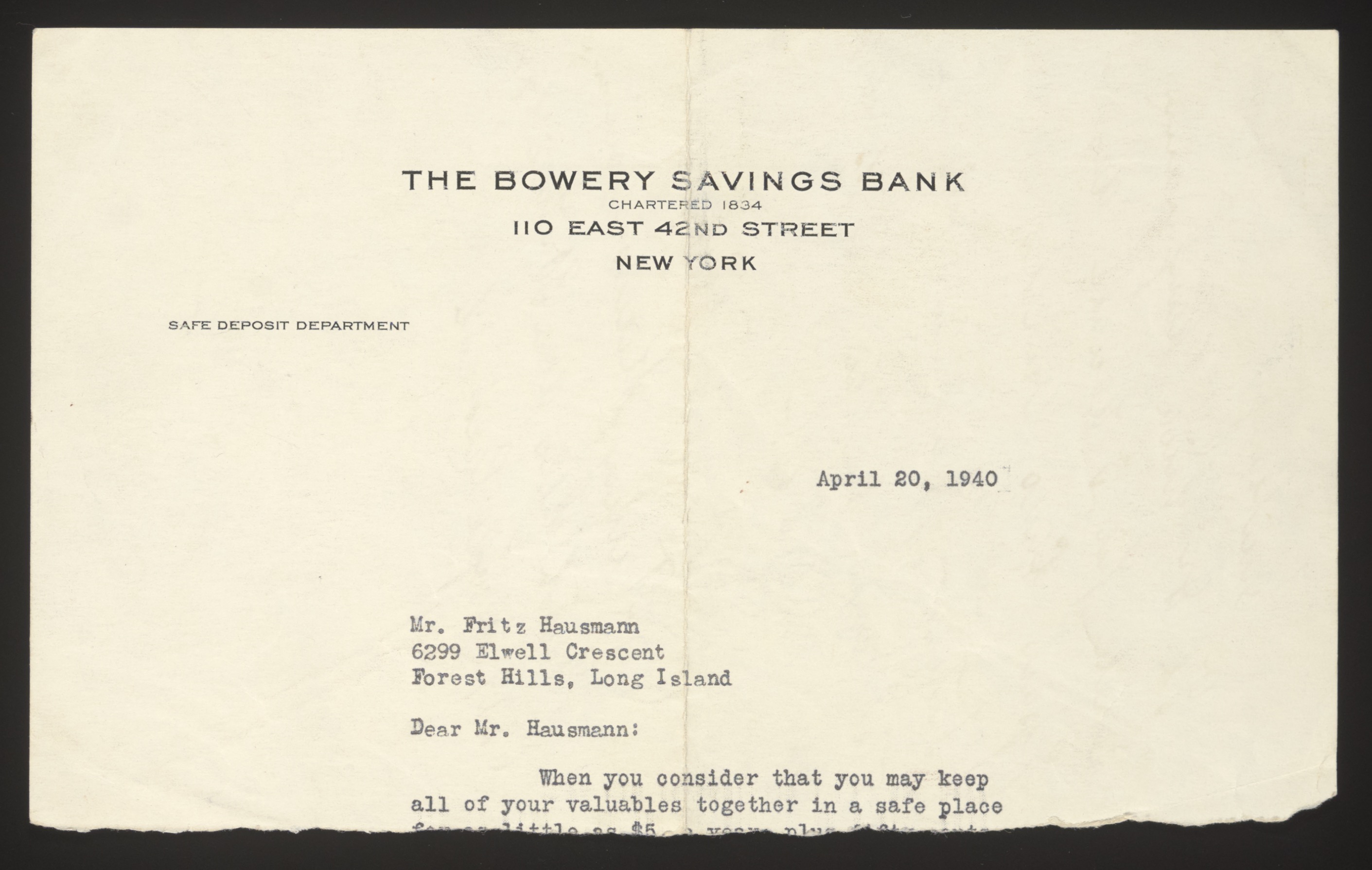 Typed letter from The Bowery Savings Bank, Safe Deposit Department, to Fritz ... — Document