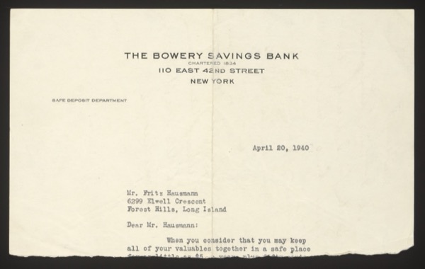 Typed letter from The Bowery Savings Bank, Safe Deposit Department, to Fritz ...