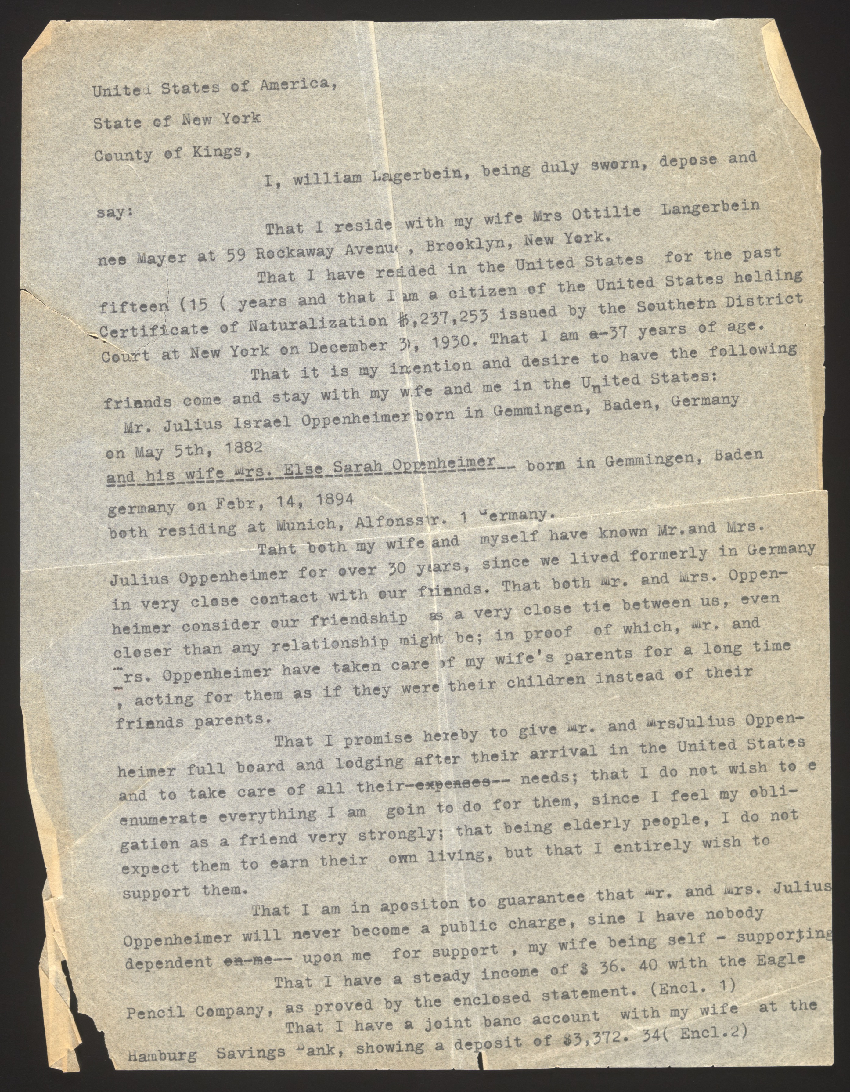 Typed affidavit of support from William Langerbein to the American Consul Gen... — Page 1 of 2