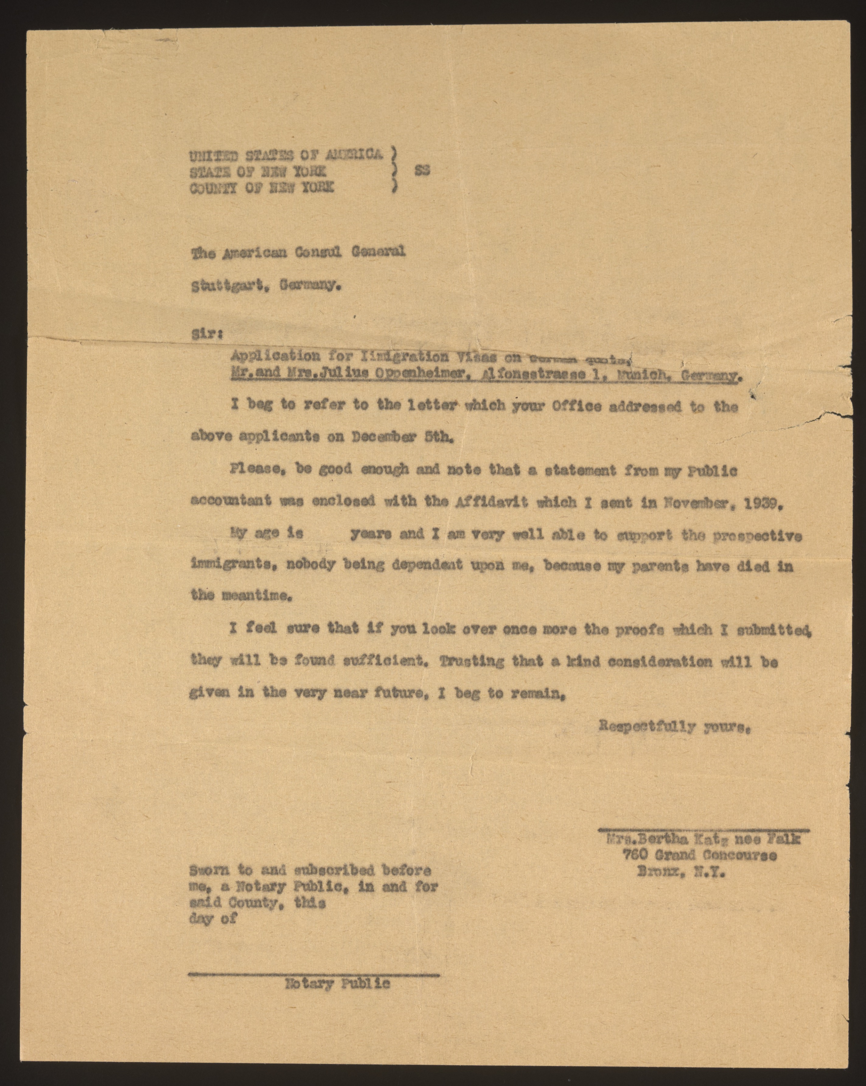 Typed letter/affidavit from Mrs. Bertha Katz née Falk to the American Consul ... — Original