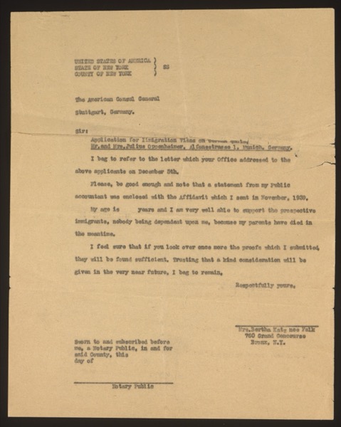 Typed letter/affidavit from Mrs. Bertha Katz née Falk to the American Consul ...