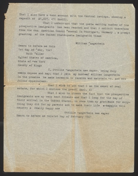 Typed affidavit of support from William Langerbein