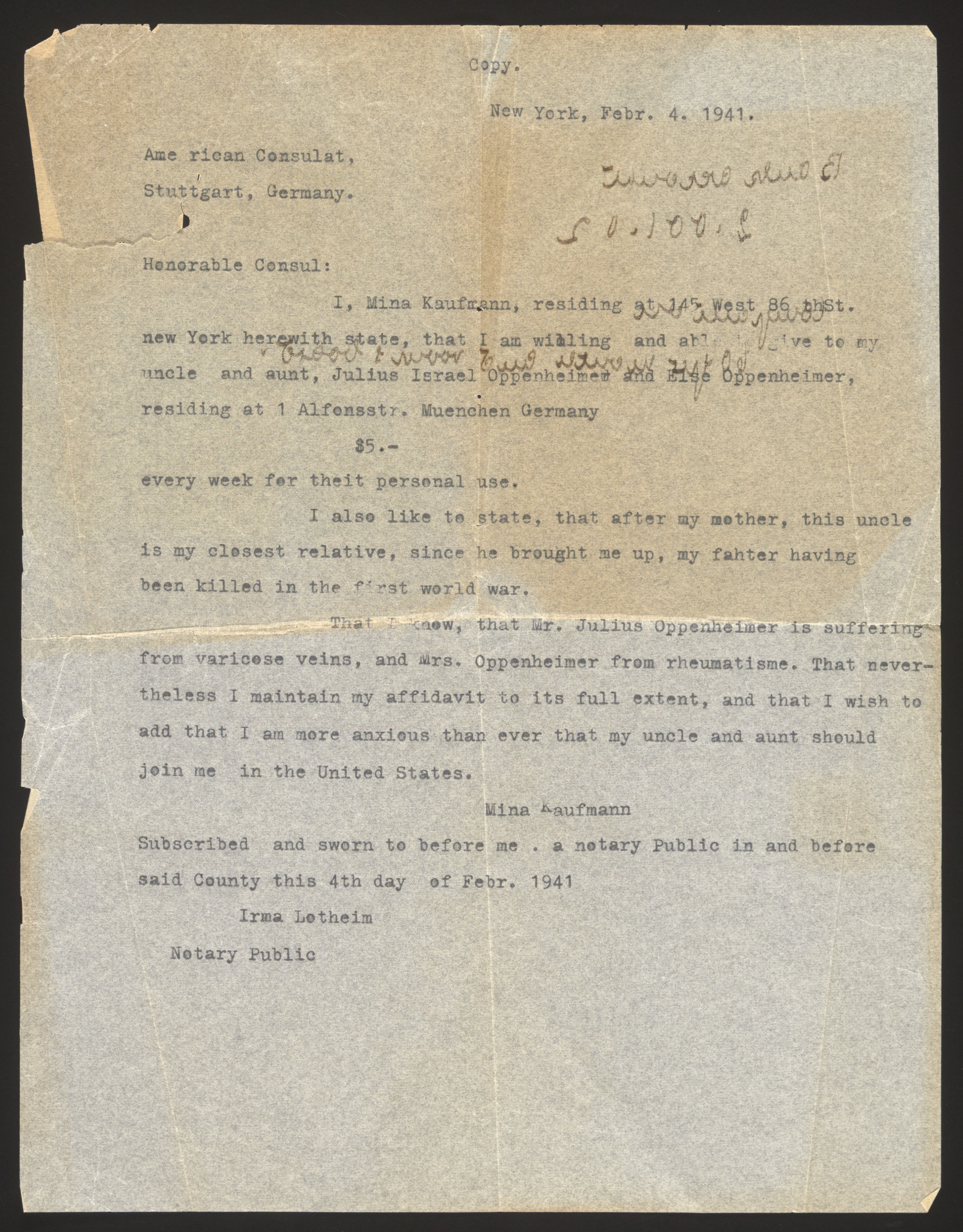 Typed letter/affidavit from Mina Kaufmann to the American Consulate in Stuttg... — Front