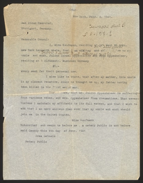 Typed letter/affidavit from Mina Kaufmann to the American Consulate in Stuttg...