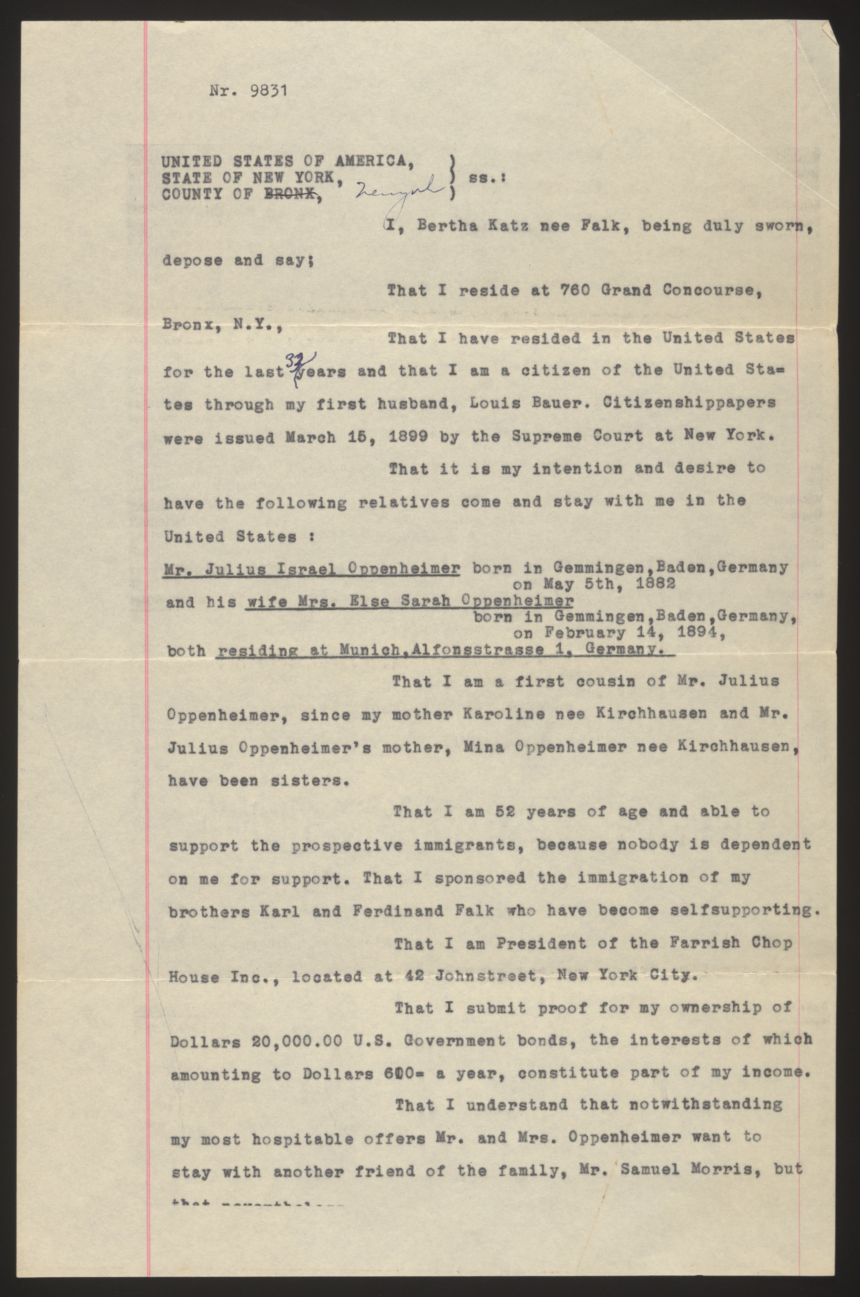 Typed formal affidavit of support from Mrs. Bertha Katz née Falk (page 1 of 2... — Page 1 of 2