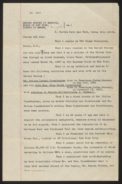 Typed formal affidavit of support from Mrs. Bertha Katz née Falk (page 1 of 2...