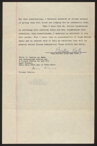 Typed formal affidavit of support from Mrs. Bertha Katz née Falk